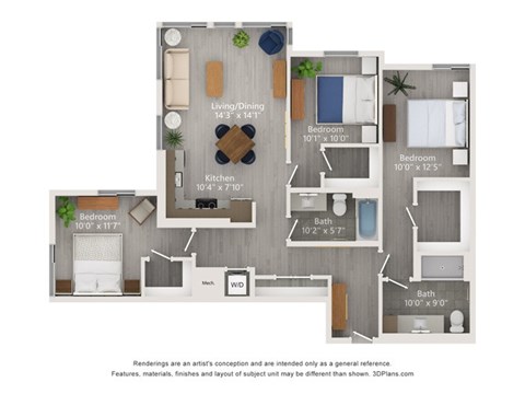 A 3D floor plan of a house with a kitchen, living room, dining room, and four bedrooms.